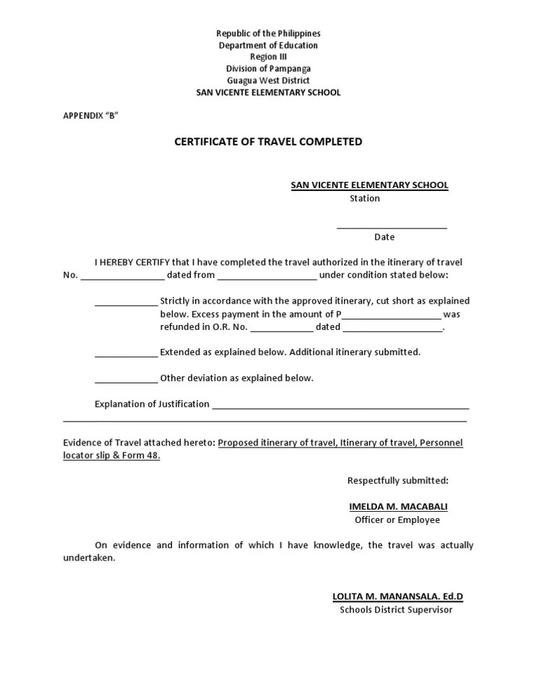 Certificate Of Travel Completed
