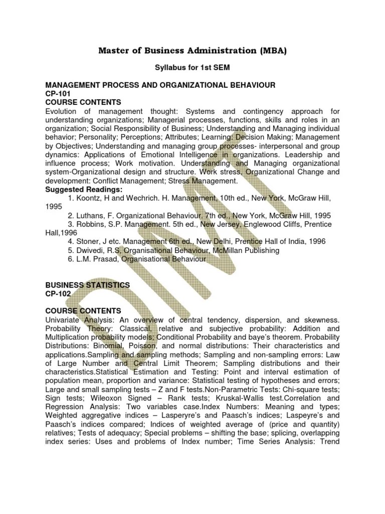 MBA 1st Semester Syllabus Organizational Behavior