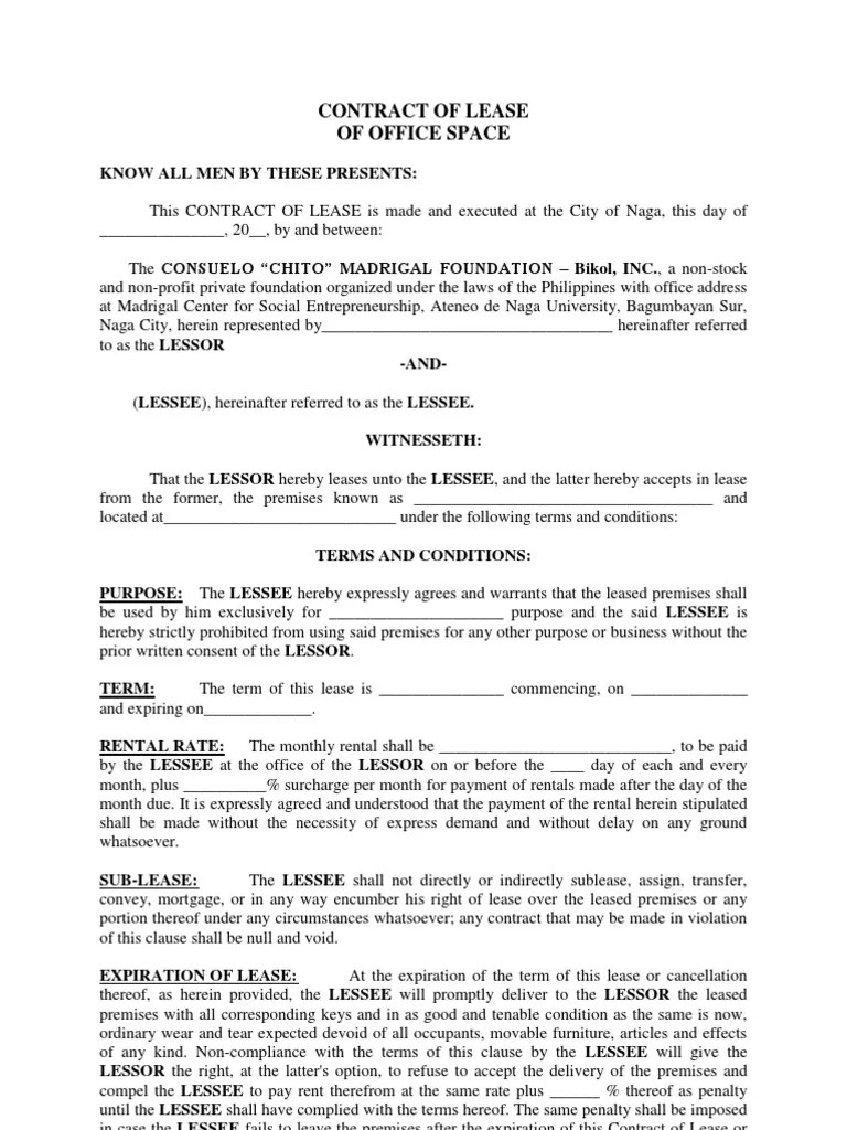 Contract of Lease (Office Space) sample Lease Contract Law