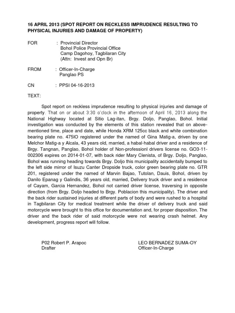 Spot Report on Reckless Imprudence Resulting to Physical Injuries and