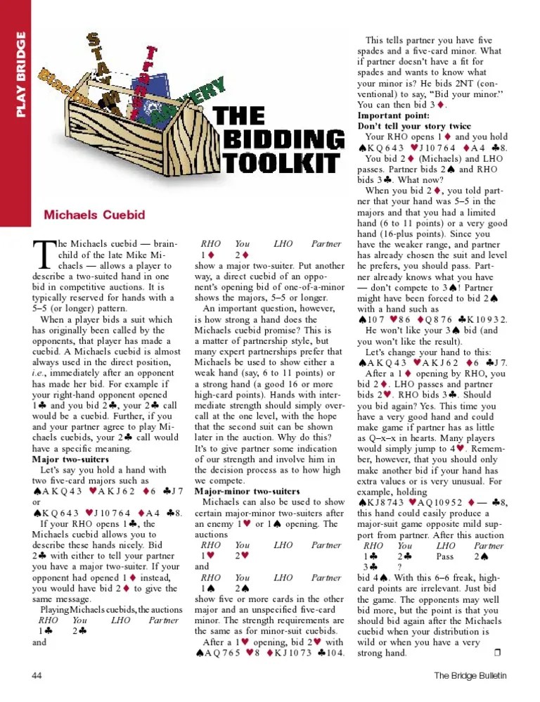 Michaels Cue Bid PDF Contract Bridge Whist Family Of Card Games
