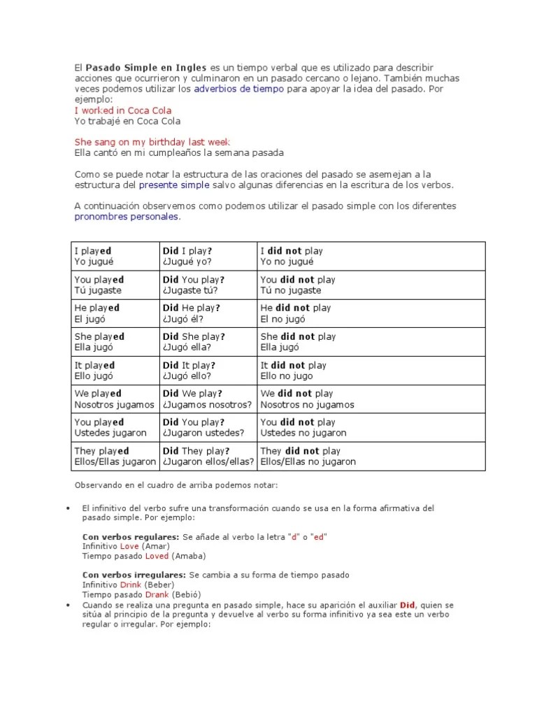 El Pasado Simple en Ingles Es Un Tiempo Verbal Que Es Utilizado Para