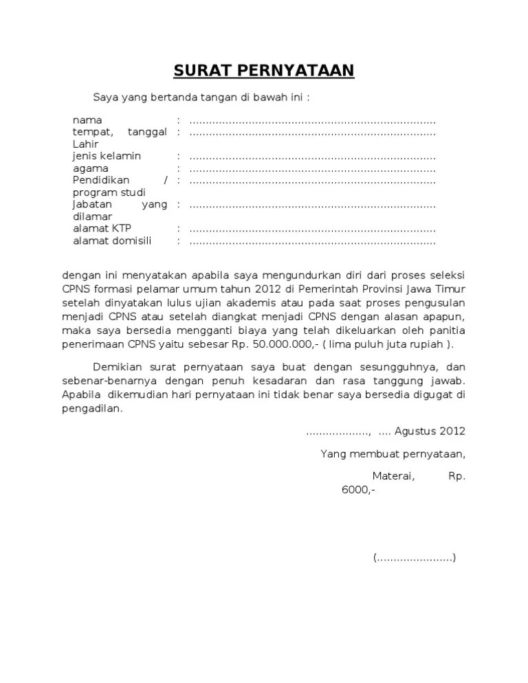 Surat Pernyataan Bersedia Mengundurkan Diri Apabila Lulus Seleksi | J Daily  Basis News