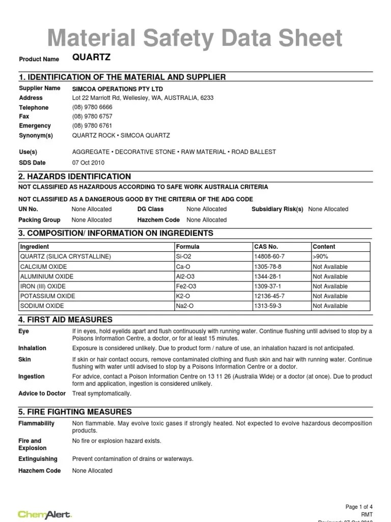 MSDS Quartz PDF Silicon Dioxide Chemical Substances