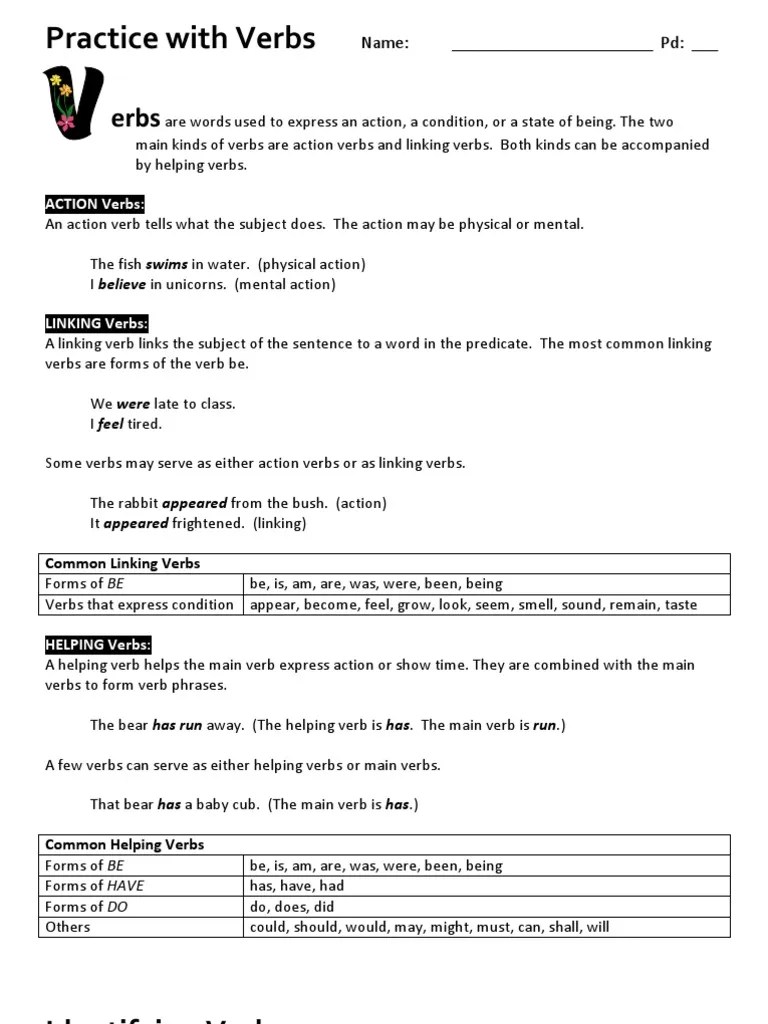 Action Linking and Helping Verbs Intro Practice PDF Verb Subject