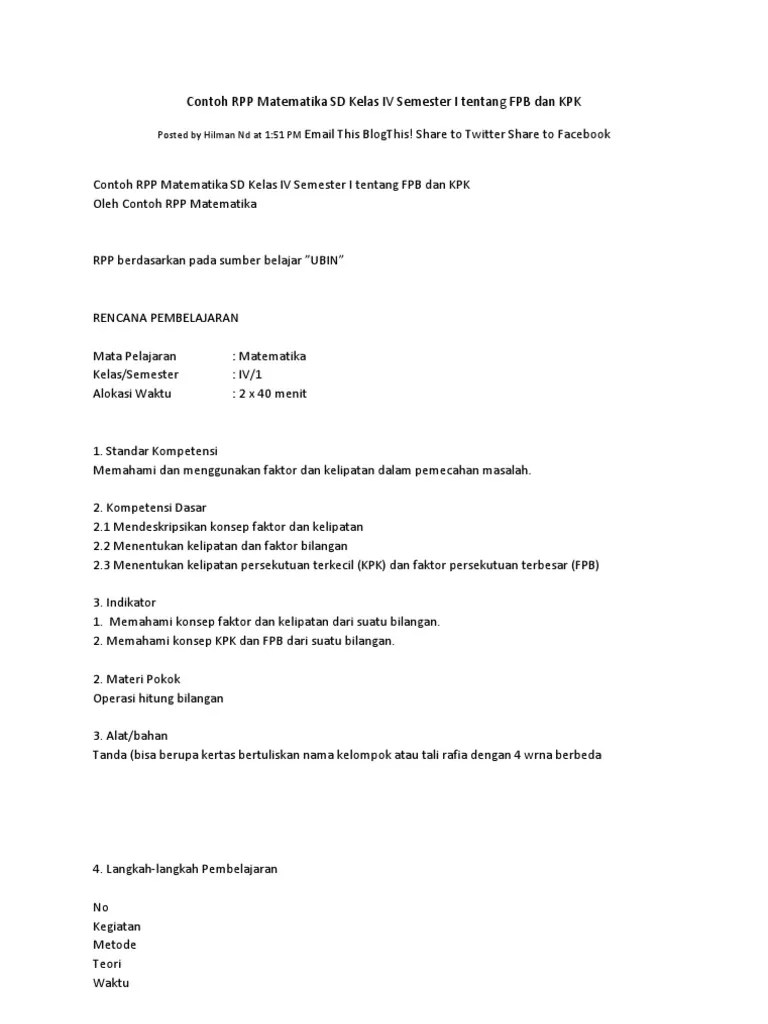 Contoh RPP Matematika SD Kelas IV Semester I Tentang FPB Dan KPK