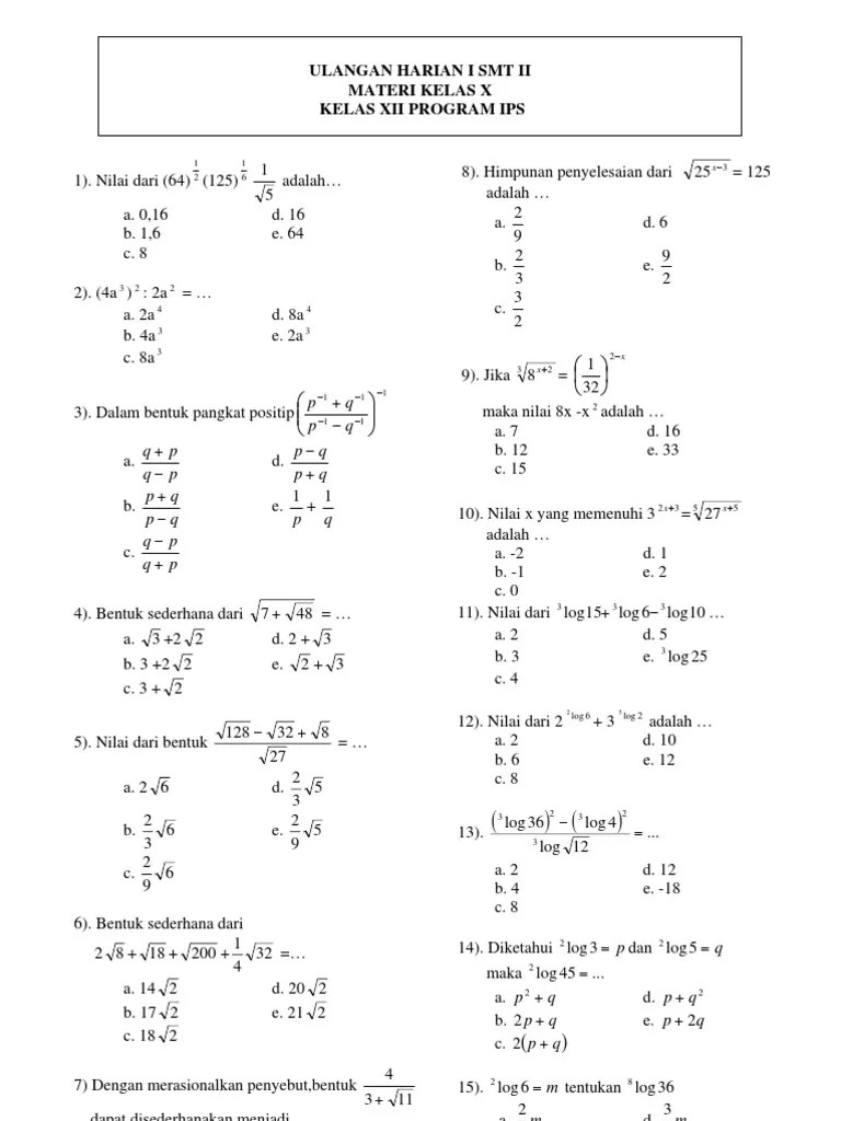 Contoh Soal Fungsi Kuadrat Sma Kelas X - Revisi Id