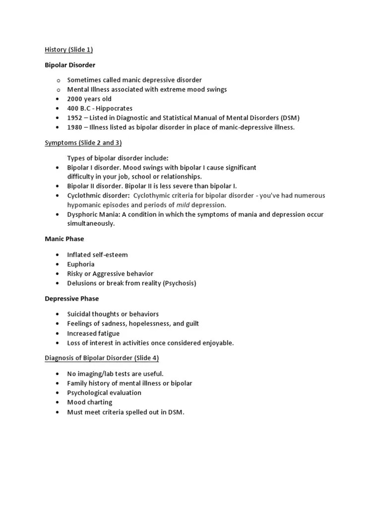 Bipolar Outline Bipolar Disorder Mania