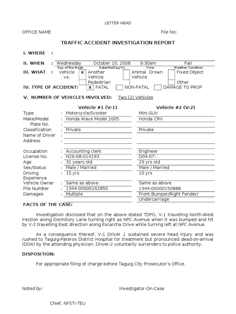 Traffic Accident Investigation Report Form Traffic Collision Vehicles