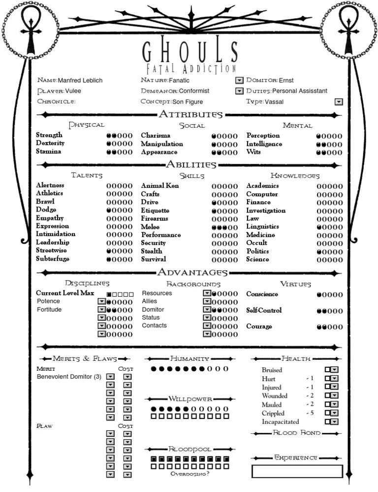 Vampire the Masquerade character sheet