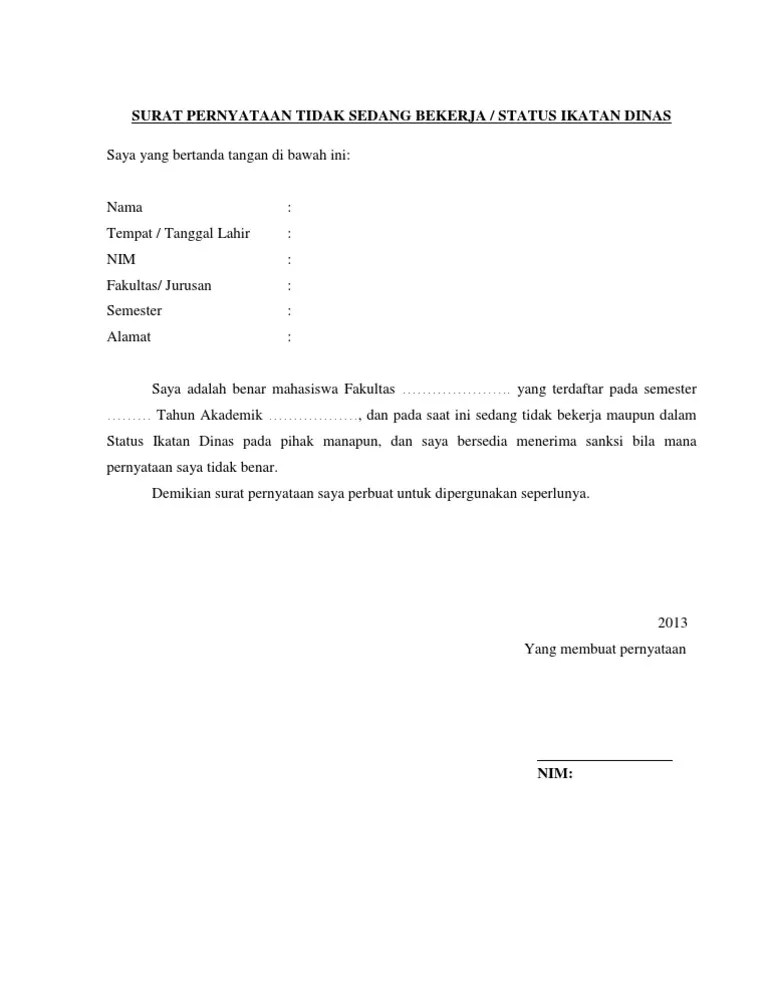Surat Pernyataan Tidak Sedang Bekerja | Pdf