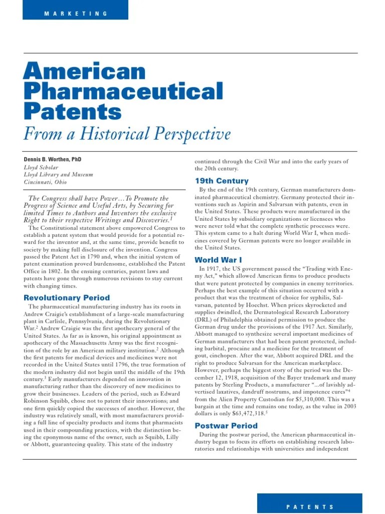 American Pharmaceutical Patents History Generic Drug Patent