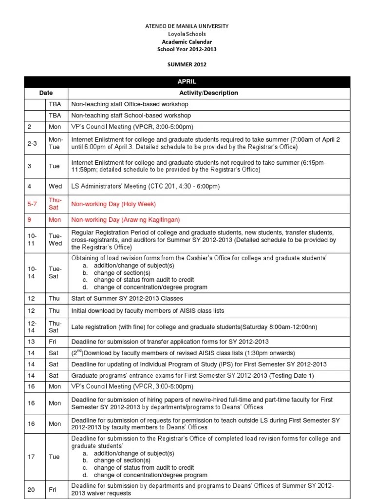 ADMU Academic Calendar 20112012 PDF Graduate School Postgraduate Education