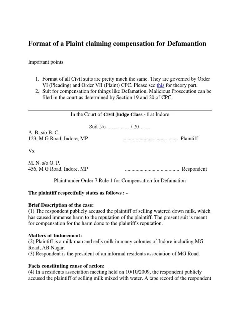 Plaint Format Plaintiff Defamation