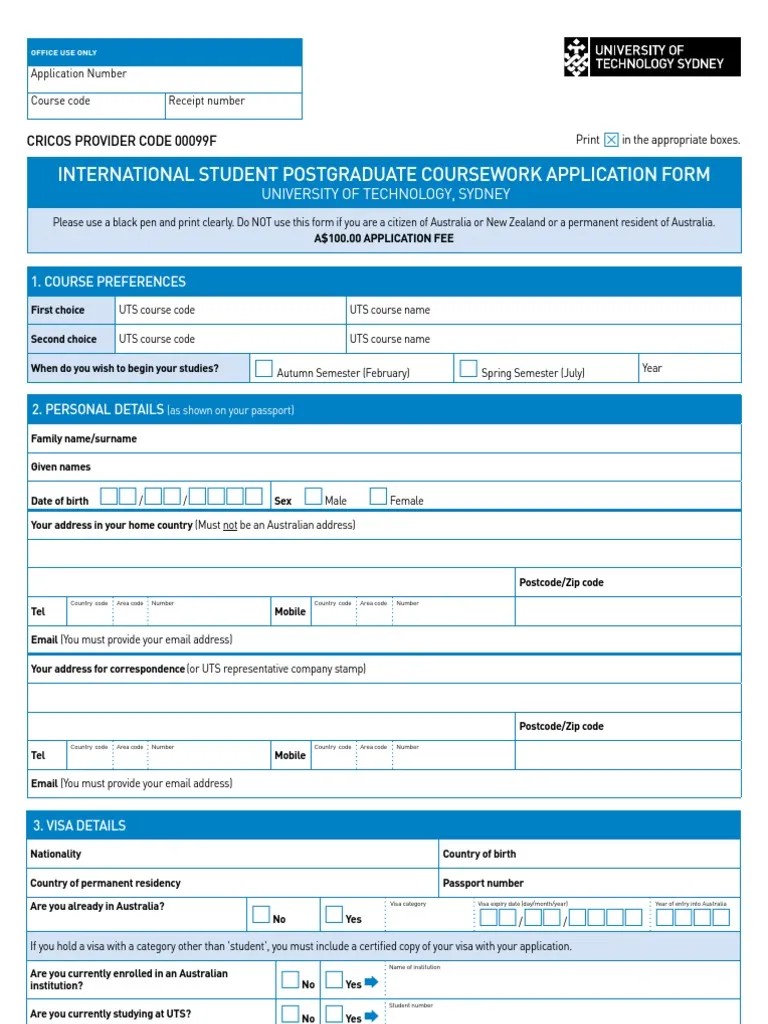 UTS Application Form PDF Credit Card Travel Visa