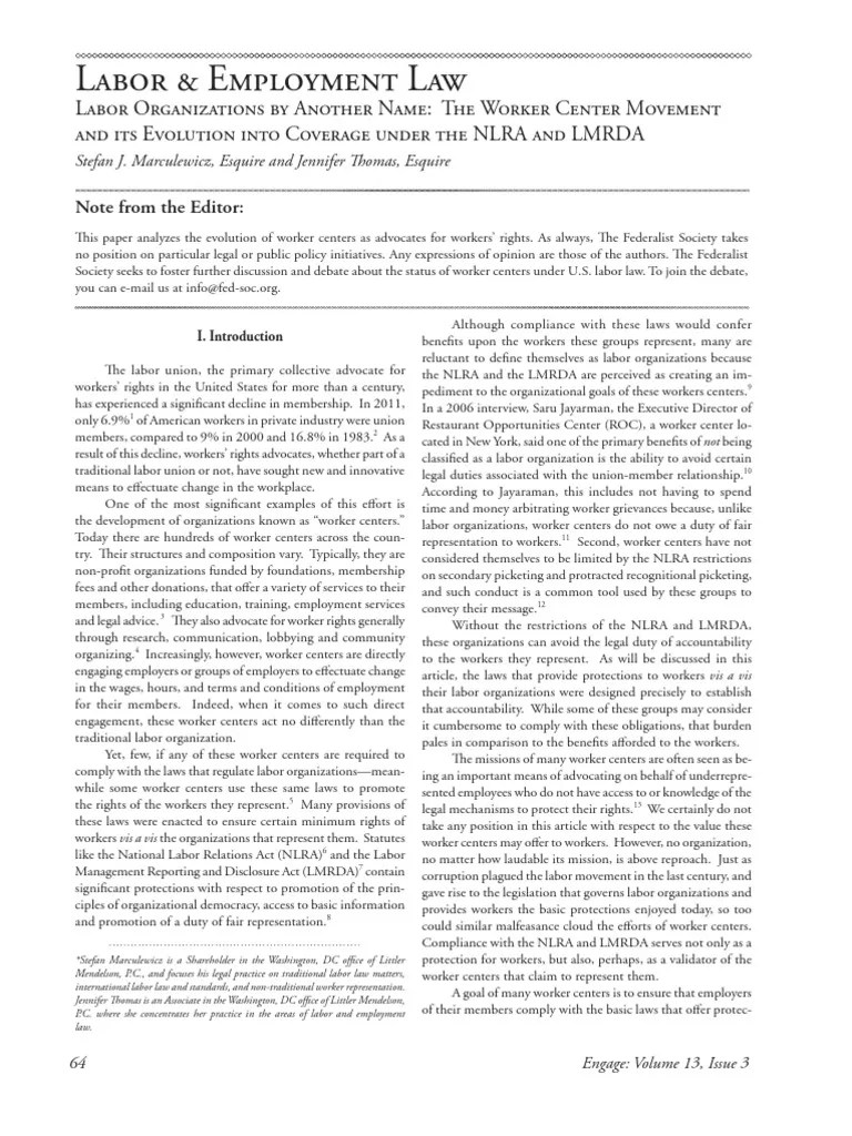 Labor Organizations by Another Name he Worker Center Movement and its