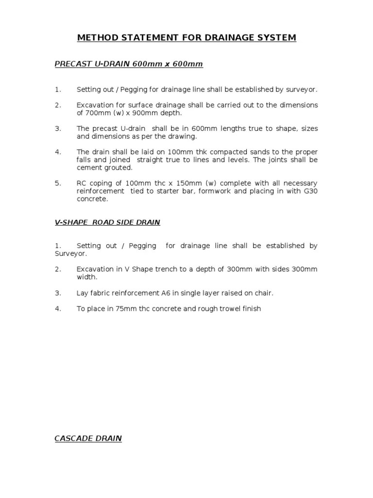 Method Statement For Drainage System PDF Drainage Concrete