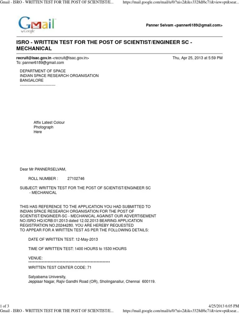 Gmail - Isro - Written Test For The Post of Scientist - Engineer 