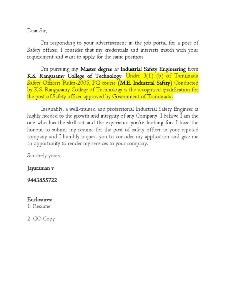 Cover Letter model for HSE officer Academic Degree