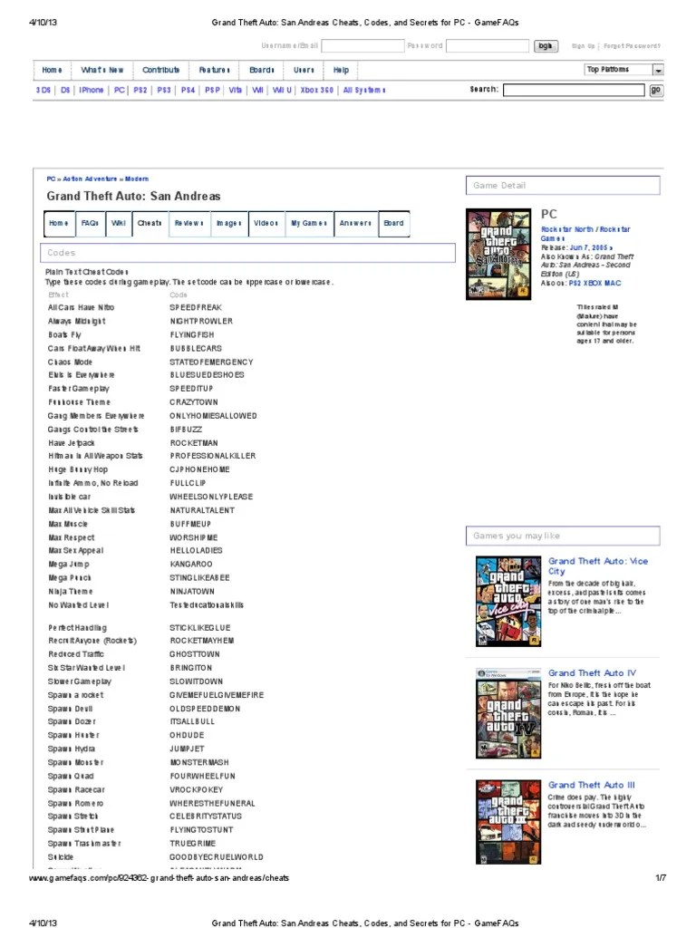 Grand Theft Auto_ San Andreas Cheats, Codes, And Secrets for PC