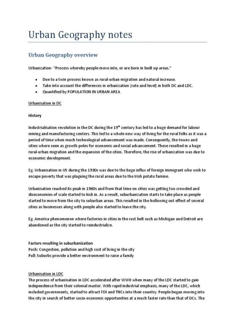 Urban Geography Notes PDF Urbanization Urban Sprawl