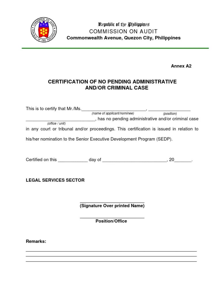 Certificate of No Pending Administrative Case PDF