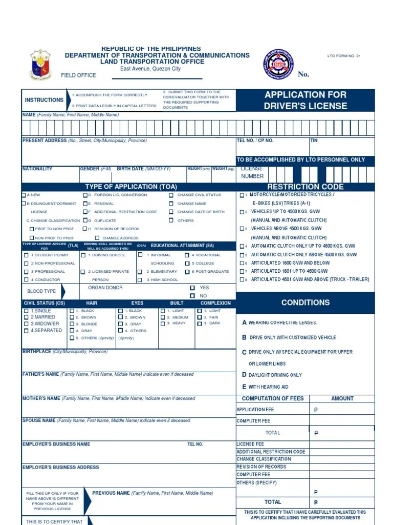Application for Driver's License Form Traffic Automobiles