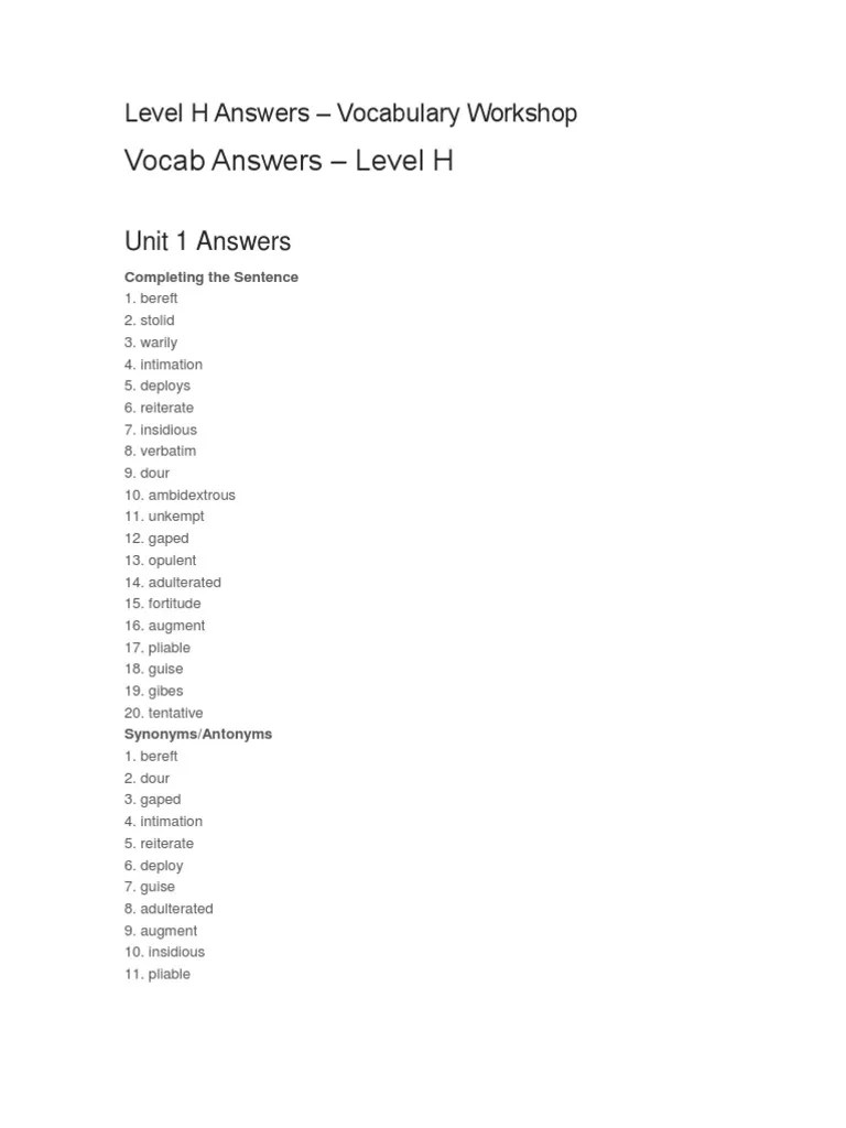 Level H Answers Vocabulary Interpretation (Philosophy