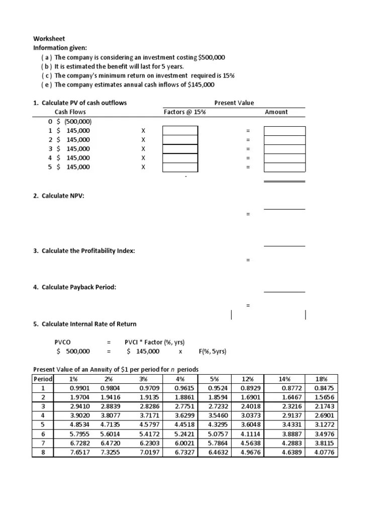 Chapter 10 NPV, PI, Payback, IRR Practice Worksheet With Answers