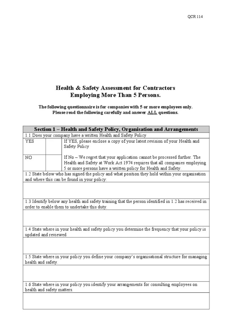 Health and Safety Contractors Questionnaire More Than 5