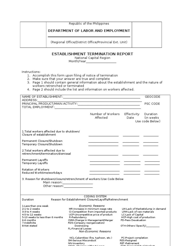 DOLE Form on Establishment Termination Report Layoff Unemployment