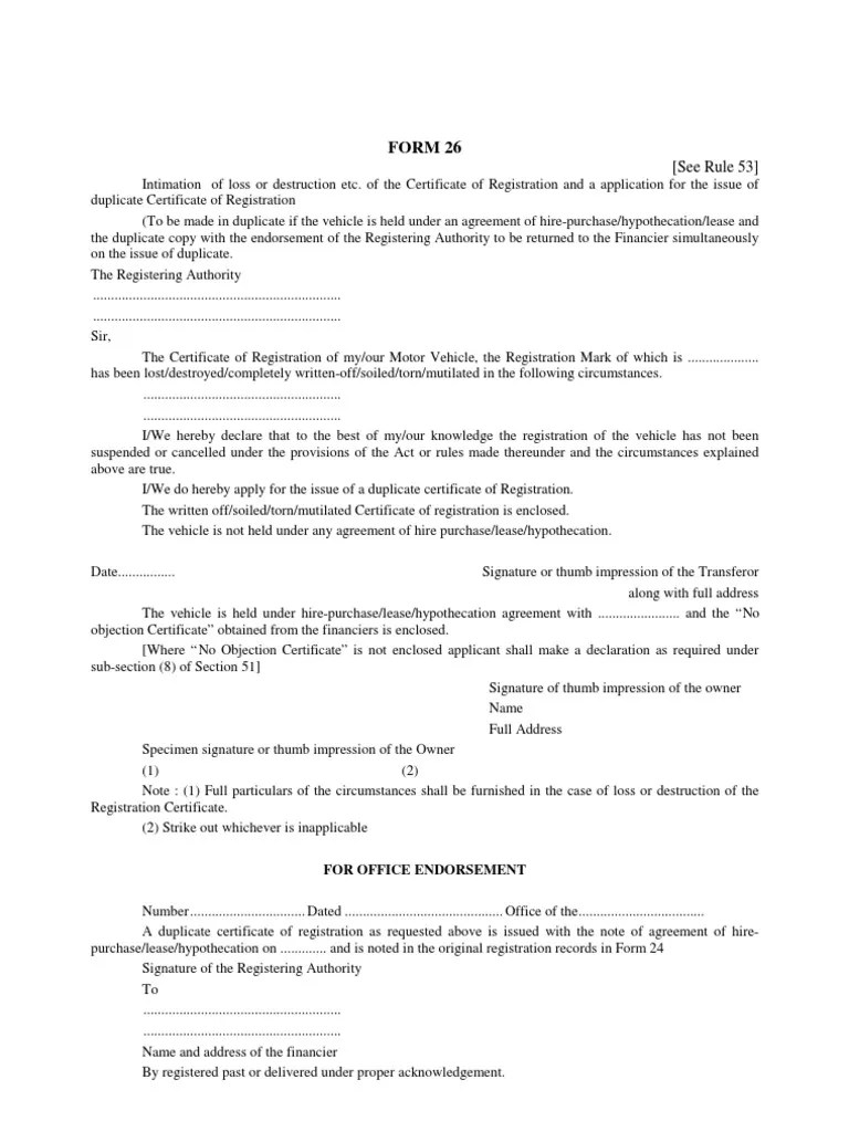 Duplicate RC Application Form 26 Vehicles Politics