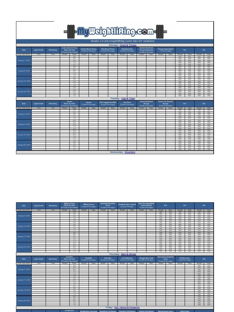 Max Ot Spreadsheet Individual Sports Weight Training