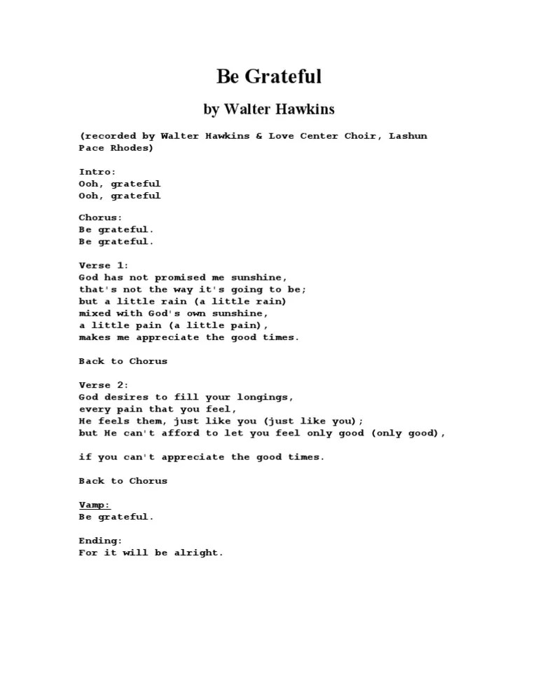 Be Greatful Walter Hawkins Lyrics