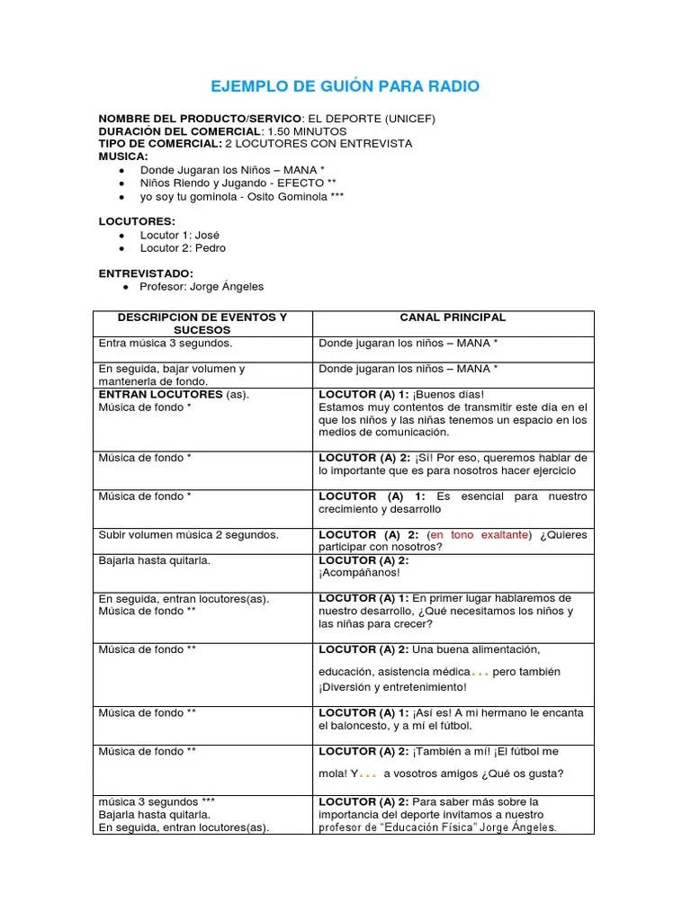 EJEMPLO DE GUIÓN PARA RADIO