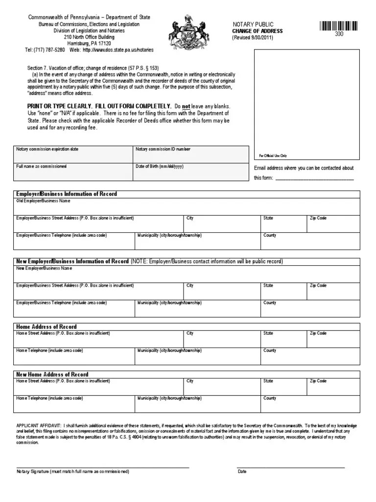Change of Address Notary Public Pennsylvania