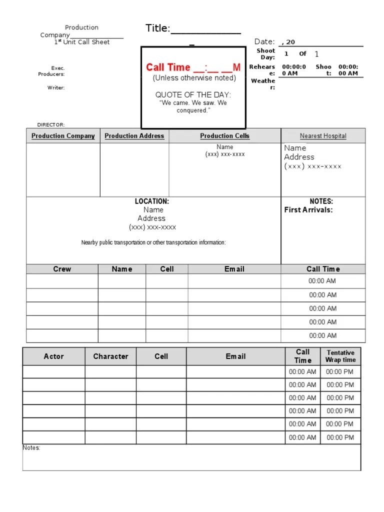Simple Call Sheet