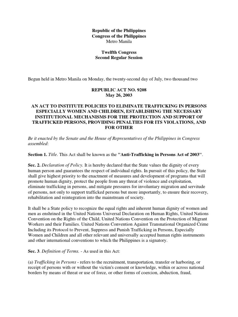 RA 9208 AntiTrafficking in Persons Act of 2003 PDF Human