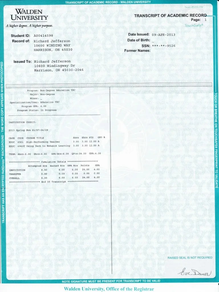 RGJefferson Walden University Transcript Grading (Education