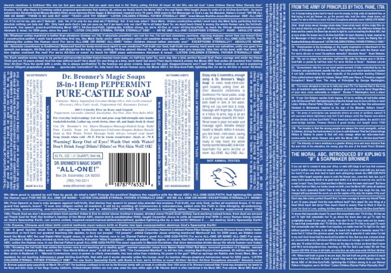 Dr. Bronner's Magic Soaps 18in1 Hemp Peppermint PureCastile Soap label (32 fl. oz. / 1 quart