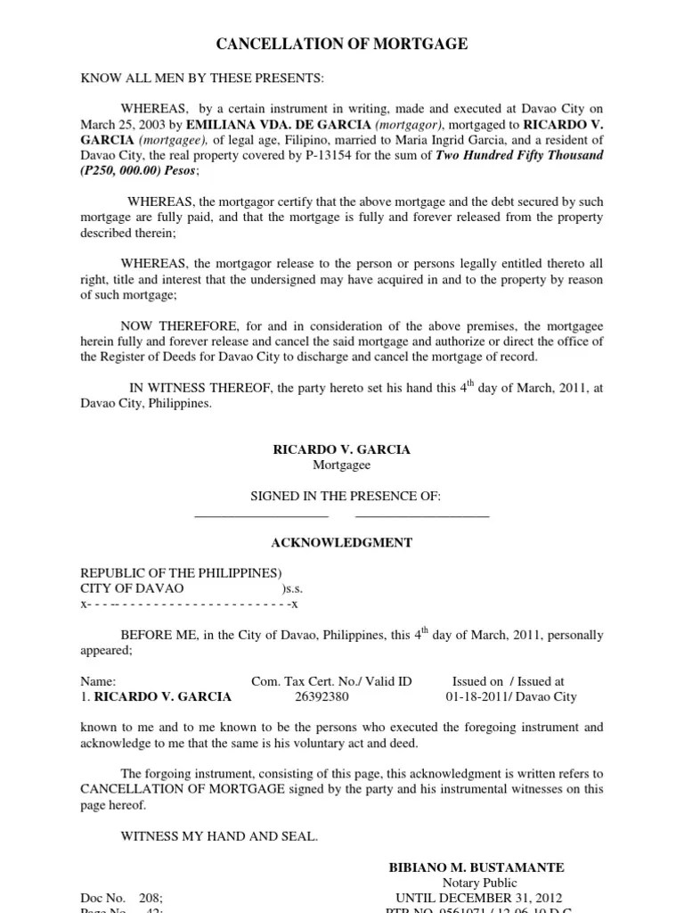 Cancellation of Mortgage Sample