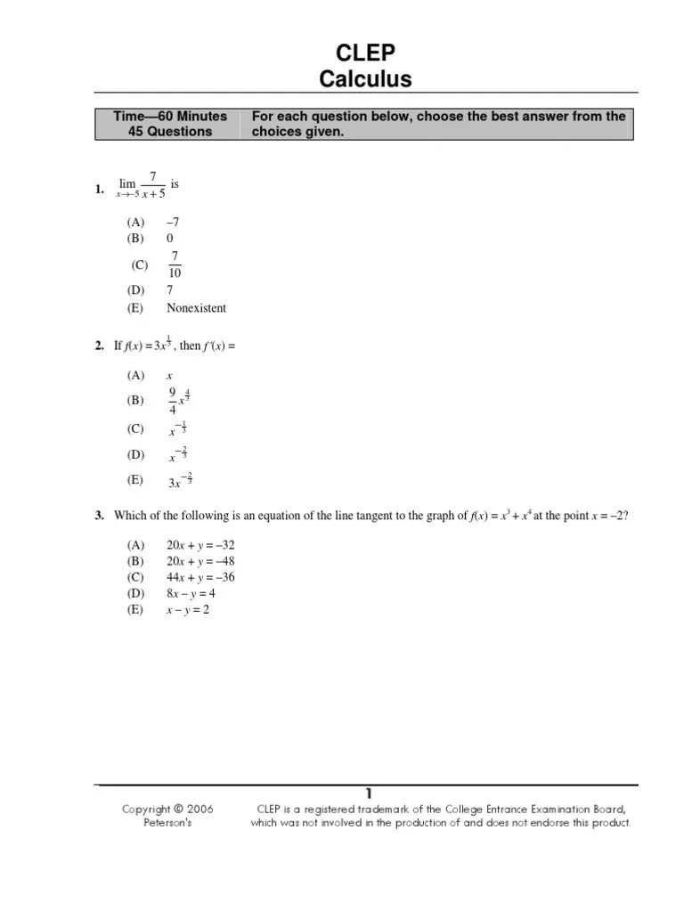 CLEP Calculus Slope Maxima And Minima