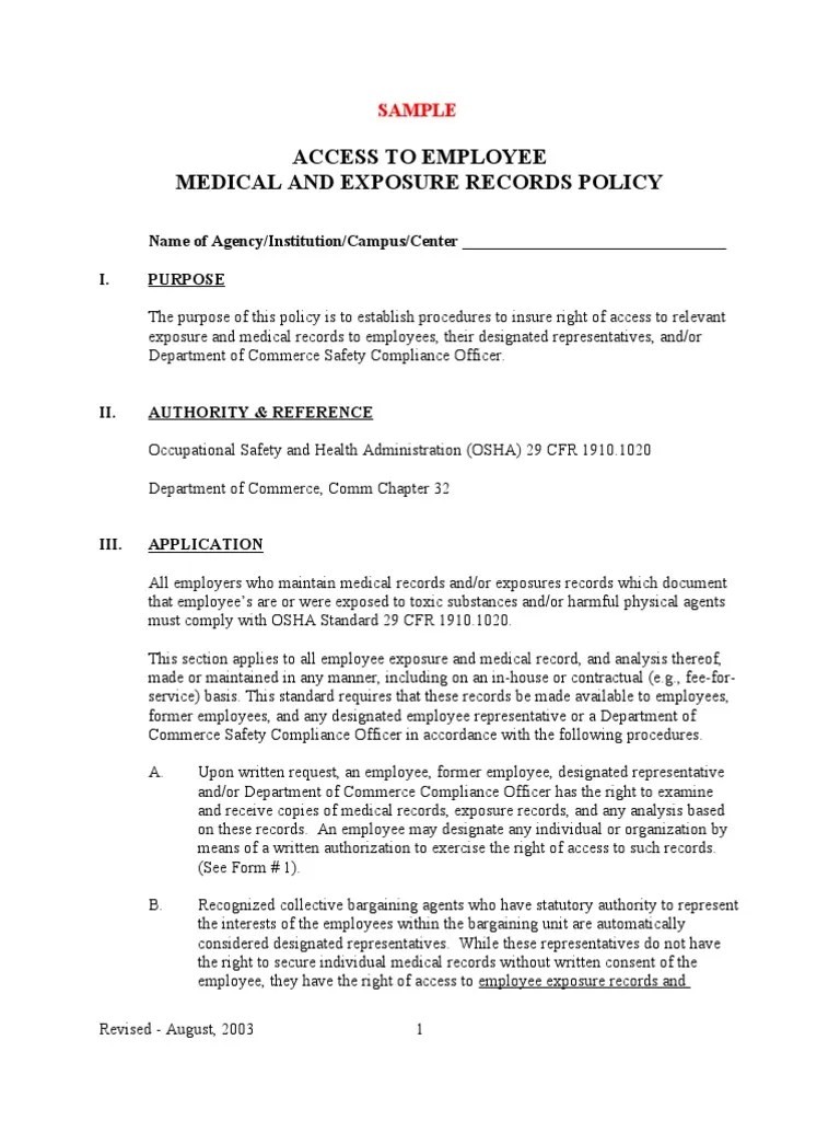 Sample Access Policy PDF Medical Record Employment