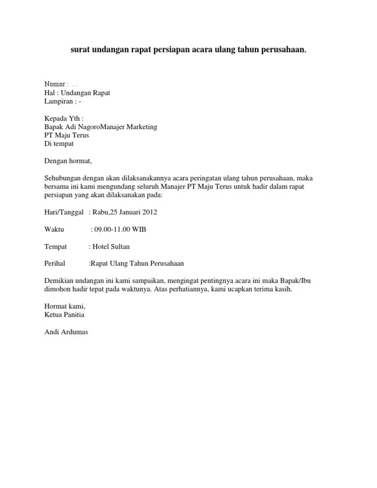 Surat Undangan Rapat Persiapan Acara Ulang Tahun Perusahaan | PDF
