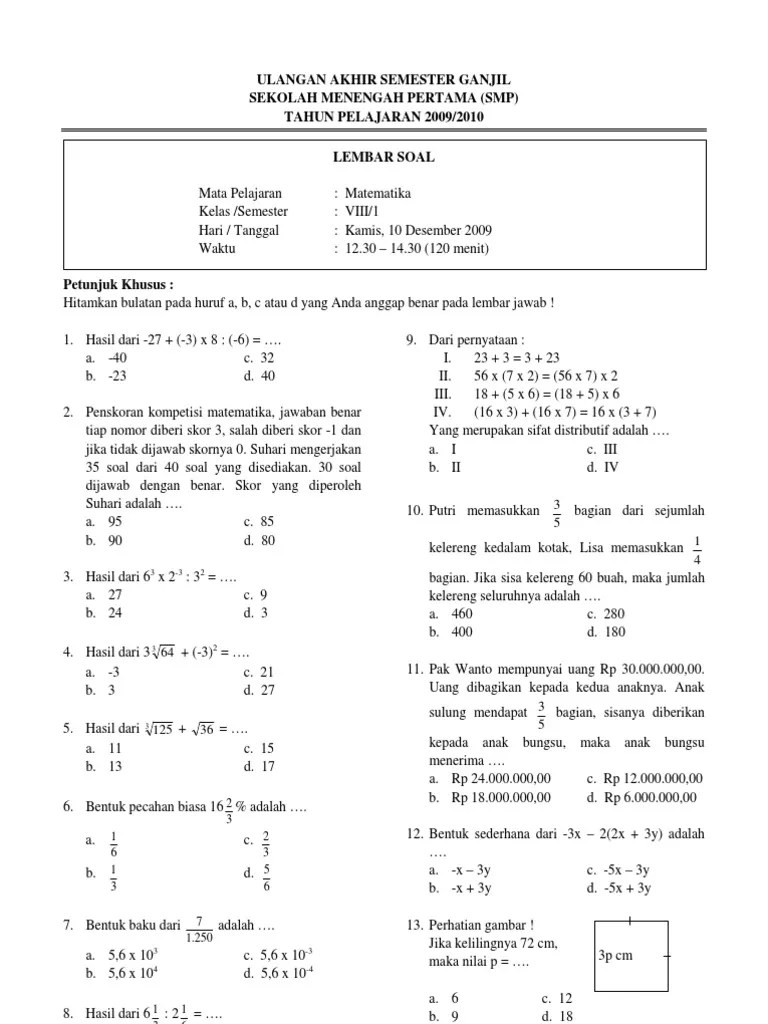 Soal UAS Kelas 7 Semester 1