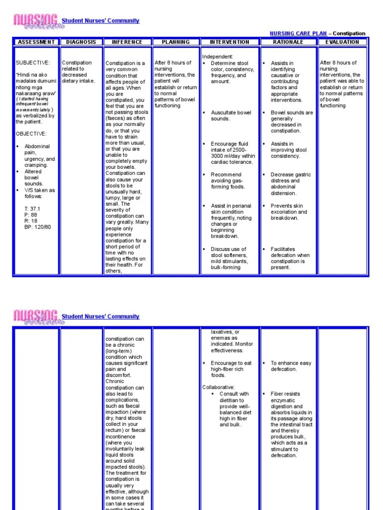 Nursing Care Plan Constipation Constipation Human