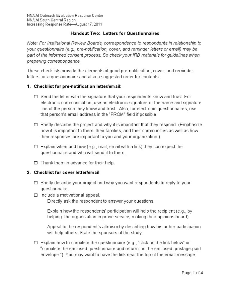 Cover Letters for Questionnaires Questionnaire Institutional Review