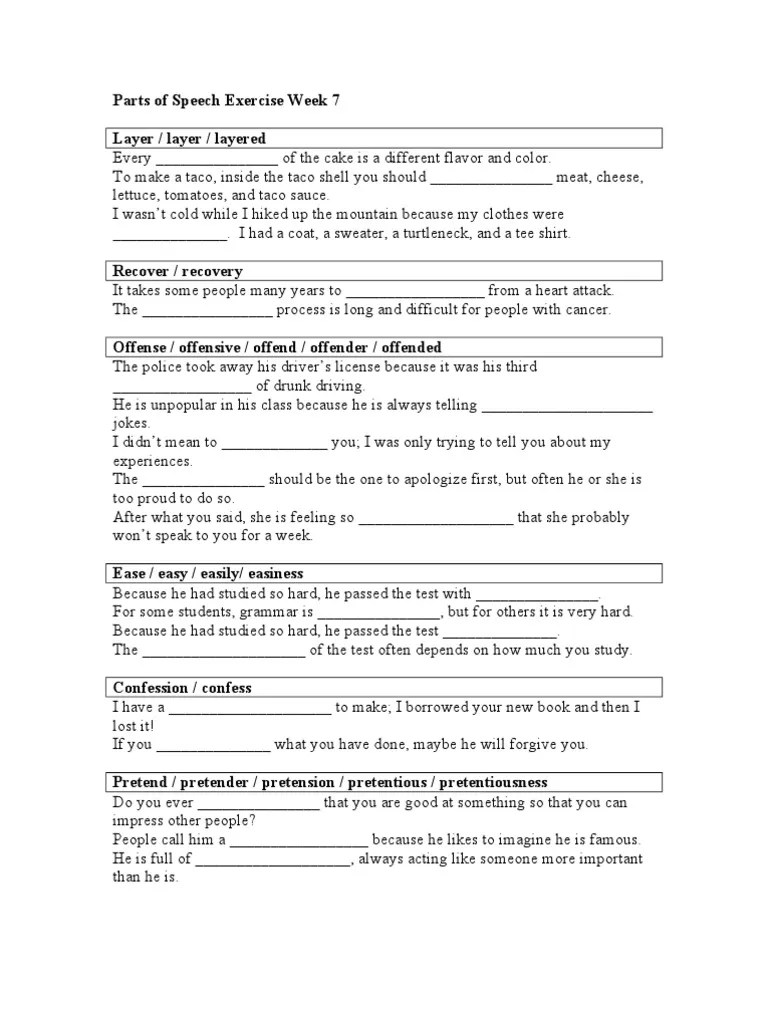 7 Parts of Speech Exercise PDF