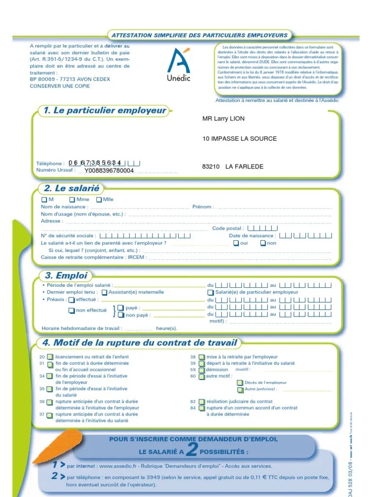 Attestation Assedic Simplifiee