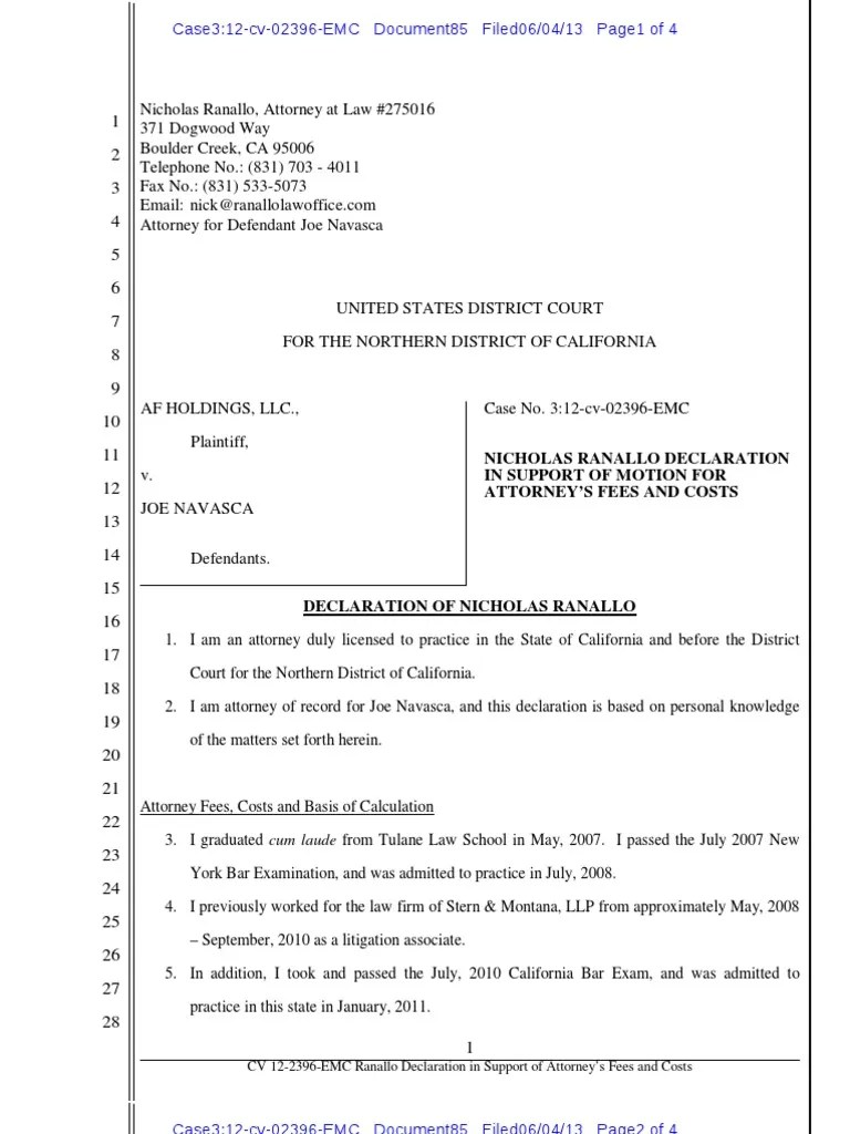 85 MainPrenda CAND Motion for Attorneys� Fees Renallo Declaration